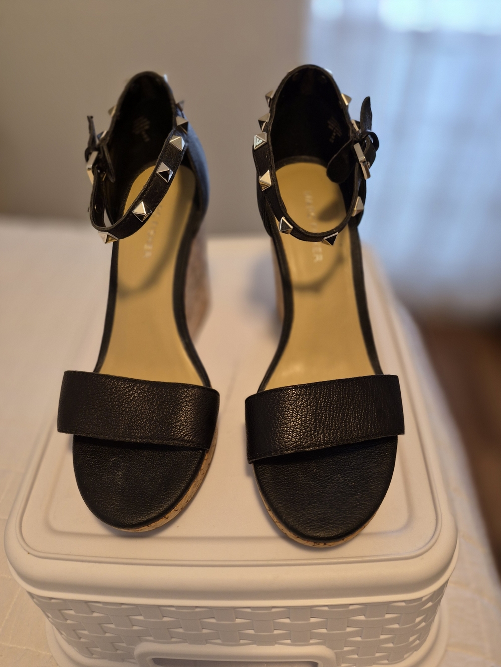 Marc Fisher Black Studded Ankle-Strap Wedge Sandals